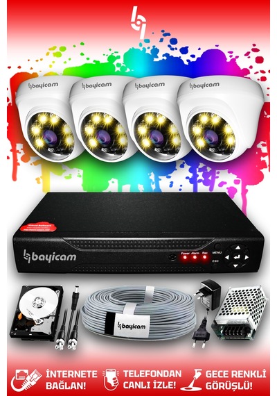 Bayicam 4 Kameralı Dome 4 İç Kamera Set 250 GB HDD Full HD Renkli Gece Görüşlü Güvenlik Kamerası Sistemi