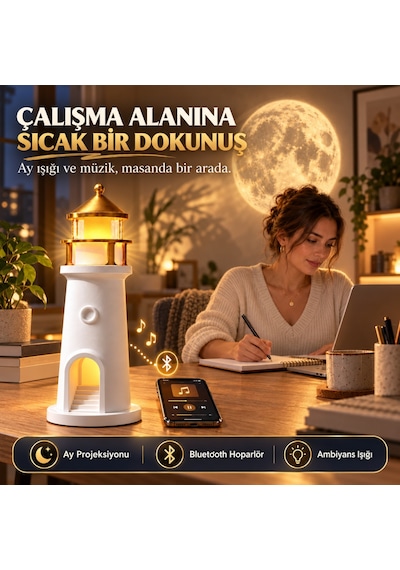 Hymark Deniz Feneri Ay Led Projeksiyon Lamba Bluetooth Hoparlör Kumanda Dimmer 2400 Mah Pil Beyaz