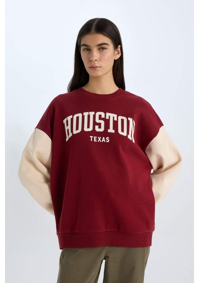 DeFacto Oversize Geniş Kalıp Bisiklet Yaka Baskılı Kalın Sweatshirt E3228AX24WNBR169