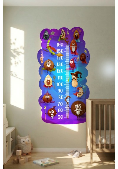 Sevimli Kuruyemişler Temalı Dekoratif Çocuk Boy Ölçer Sticker Duvar Cetveli Takip Çizelgesi