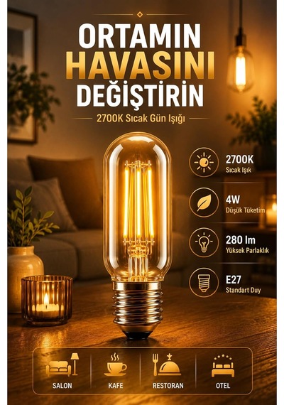 T45 Rustik Filament Led Ampul, E27 Duy, 4w, 2700k Sıcak Gün Işığı, 280 Lm, 5'li Set Diğer