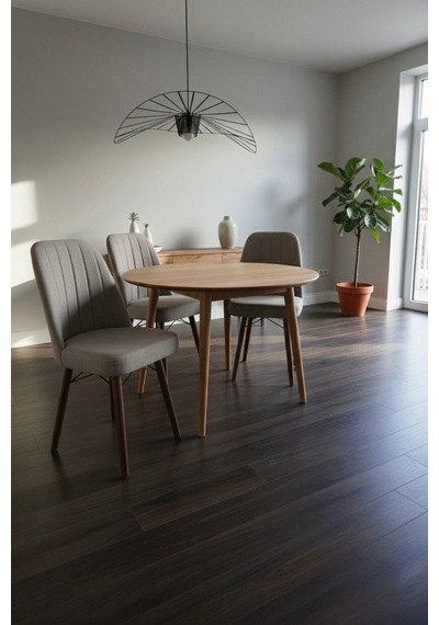 Nora 3 Adet Sandalye - Keten Kumaşlı Sandalye Modern Ahşap Ayaklı Yemek & Çalışma Sandalyesi Minimal Tasarım Krem