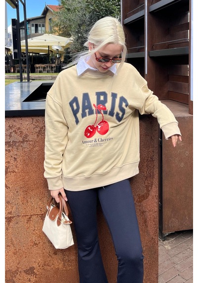 Bej Bisiklet Yaka Basic Sweatshirt Mg2233