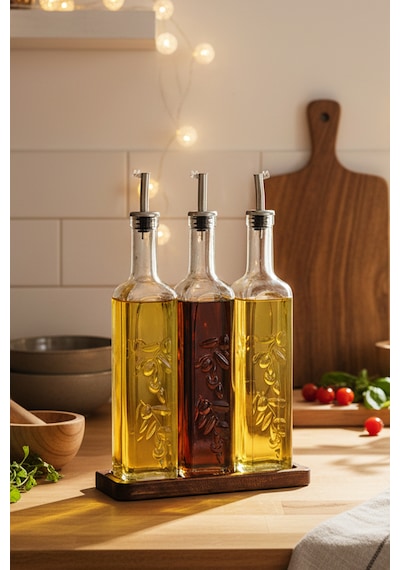 Snippy Safir - Ahşap Standlı 3'lü Cam Damlatmaz Yağlık Sirkelik Zeytinyağı Sıvıyağ Şişesi Yağlık 500ml Ahşap