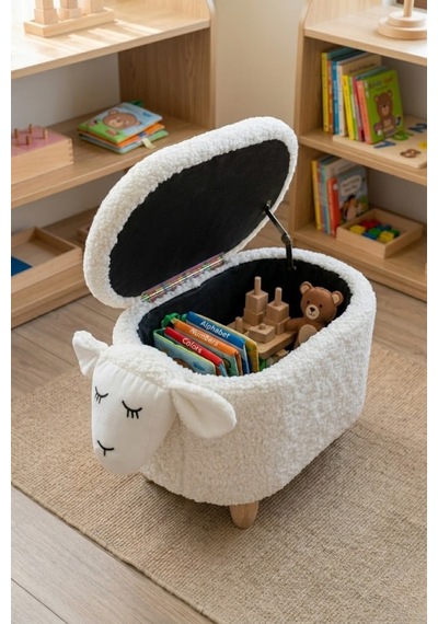 Argimo Mellow Kuzu Figürlü Bebek Çocuk Odası Sandıklı Puf Beyaz