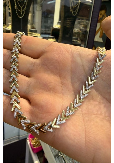 Başak Model Gerdanlık Gold Beyaz Kolye 45 Cm Altın