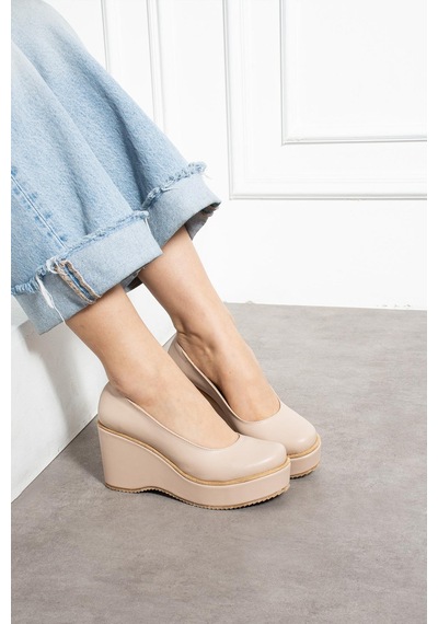 Zenneshoes Helena Dolgu Topuklu Kadın Ayakkabı Ten Cilt