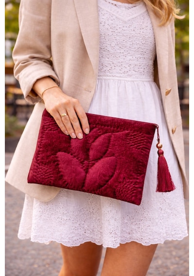 Ky Atelier Bordo Kadife Kapitone Portföy Çanta- El Yapımı Clutch- Abiye & Günlük Kullanım- Şık Kadın Çanta