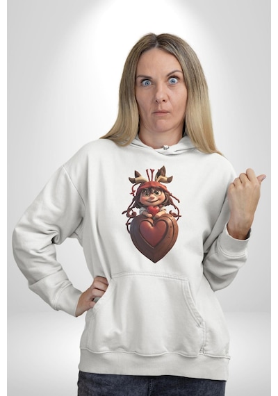 Çikolata Kız Kalbi Kadın Erkek Beyaz Kapüşonlu Sweatshirt Hoodie Beyaz