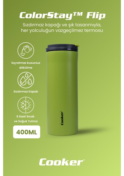 Cooker Colorstay Flip 400 Ml Paslanmaz Çelik Bardak Termos Ckr2041 Yeşil