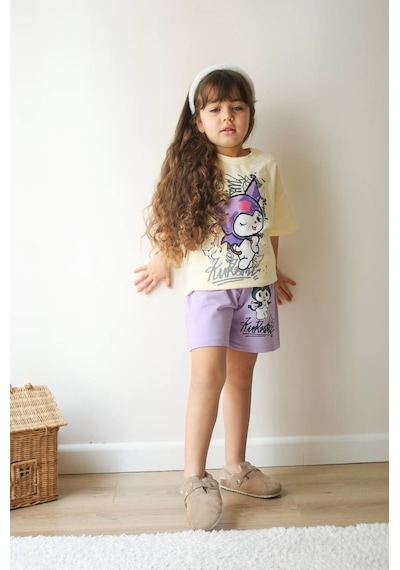 Miniko Kids Kız Çocuk Kuromi Modelli Baskılı Şortlu Pamuk Takım Krem