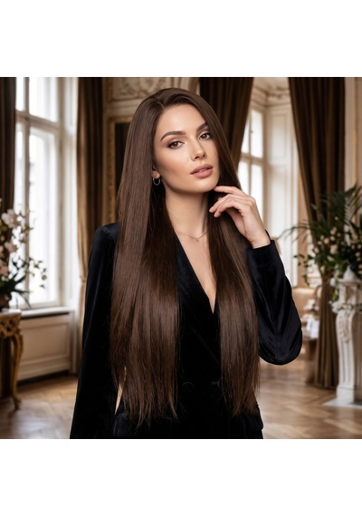 Dip Uç Dolu Koyu Kestane Kahve Tül Peruk Front Lace Düz %100 Gerçek Saç - 70-75cm Belirtilmemiş