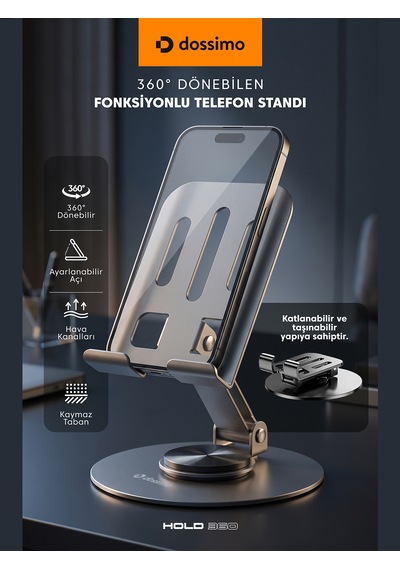 Dossimo Hold 360 Metal Dönebilen Ayarlanabilir Kaymaz Tabanlı Taşınabilir Katlanabilir Telefon Ve Tablet Tutucu