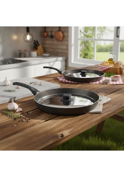 Nirvana 30 Cm Yuvarlak Kapaklı Karadeniz Tavası - Yanmaz Yapışmaz Uzun Saplı Balık Ve Börek Tavası