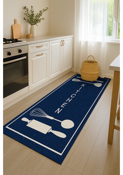 Turkıshrug Kıngdom Lacivert Ve Bej Desenli Kitchen Yazılı Halı Modern Dijital Baskılı Tasarım Çok Renkli