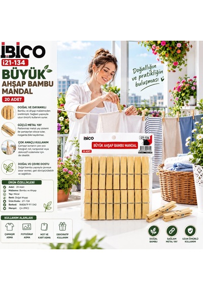 20pcs Büyük Ahşap Bambu Mandal 5468 Renkli