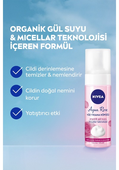 Aqua Rose Organik Gül Suyu İçeren Yüz Yıkama Köpüğü 150ml, Nemlendirici, Yüz Temizleyici, Micellar