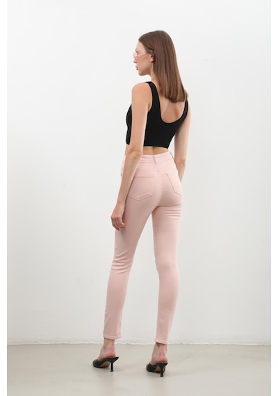 Kadın Yırtık Detaylı Jean Pantolon Pudra 001