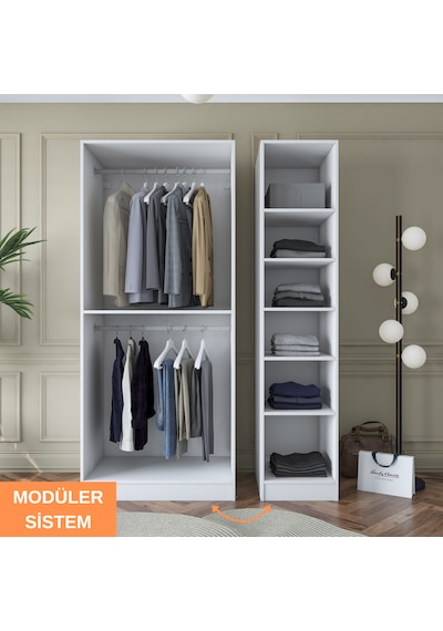 Rani Ba164 Gardırop Elbise Dolabı 3 Kapaklı 6 Raflı 2 Askılı Modüler Dolap Beyaz