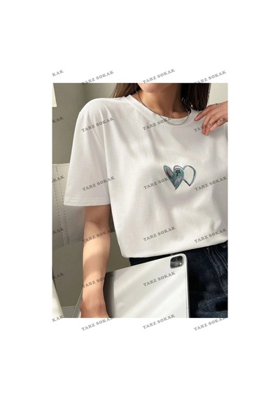 Startmore Kadın Beyaz Çift Heart Baskılı Oversize Beyaz