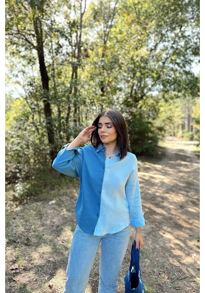 WeShaya Kadın Mavi Muslin Kumaş, Çift Bloklu, Eteği Oval, Uzun Kol, Regular Kesim Gömlek Açık Mavi WeShaya Kadın Mavi Muslin Kumaş, Çift Bloklu, Eteği Oval, Uzun Kol, Regular Kesim Gömlek Açık Mavi