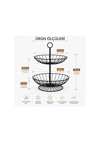 2 Katlı Metal Meyve Sepeti Siyah Geniş Hacimli Çok Amaçlı Meyvelik Sebzelik Sunum Standı Kaymaz Ayaklı Modern Mutfak Organizer 28 X 32