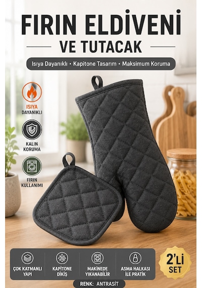 Antrasit Fırın Eldiveni Ve Tutacak Seti Isıya Dayanıklı Kapitone Mutfak Eldiveni Fırın Tutacağı Gri Renk.