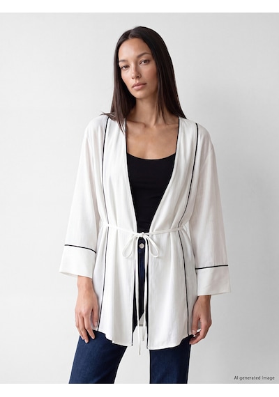 Lcw Studıo Beyaz V Yaka Çizgili Kadın Kimono