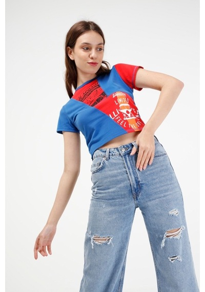 Brz Collection Kontrast Renkli Baskılı Kısa Kollu Crop Kadın T-Sh Çok Renkli