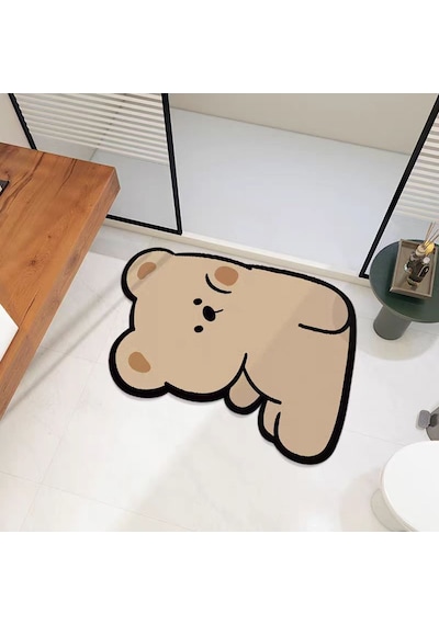 Sevimli Ayıcık Figürlü 3'lü Banyo Paspas Seti - Kaymaz Tabanlı Diatomit Peluş Banyo Halısı Açık Bej