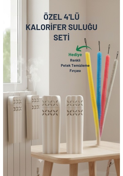 5'li Set- 4 Adet Oda Nemlendirici Kalorifer Petek Suluğu,1 Petek Temizleyici Beyaz Beyaz