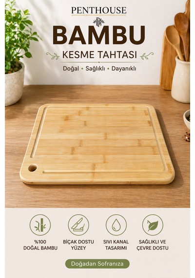 Bambu Kesme Tahtası 26x36 Cm Askılı, Oluklu, Doğal Ahşap Mutfak Kesme Ve Sunum Tahtası Açık Bej