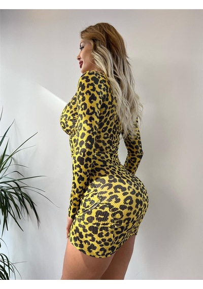 Pink Life Sarı Leopar Desenli Kruvaze Yaka Mini Elbise-Sarı Leopar