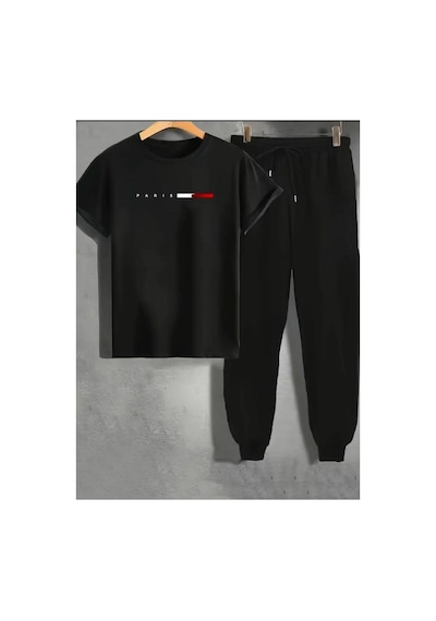 Medinenur Paris Baskılı T-shirt Eşofman Altı Jogger Rahat Kalıp Siyah Eşofman Takım Siyah