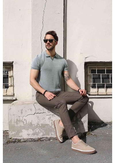 Ferraro Yeşil/Ekru Kuşgözü Desenli Polo Yaka Erkek Triko T-Shirt-Yeşil