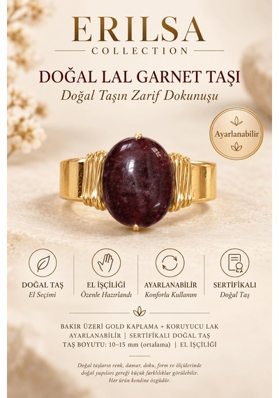 Sertifikalı Lal Garnet Taşı Doğal Taş Yüzük Gold Kaplama Bakır Ka Çok renkli