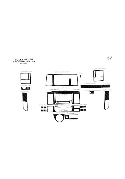 Volkswagen Transporter T6 Torpido Kaplama 2009-2014 37 Parça Siyah Karbon