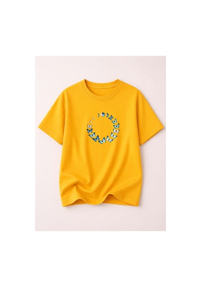 Herkesemoda Kelebek Döngüsü Baskı Detaylı Kadın Bisiklet Yaka Pamuklu T-shirt Sarı