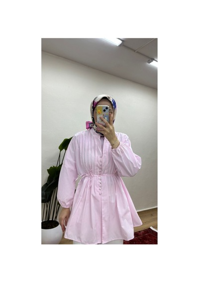 Moonsc Kadın Nervürlü Keten Tesettür Gömlek - Pembe