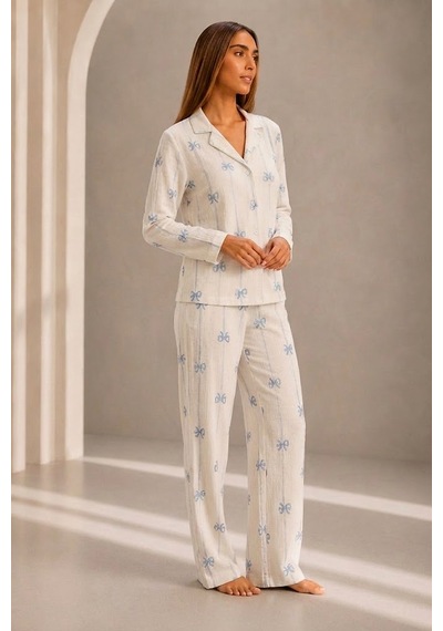Fit Women Kadın Önden Düğmeli Uzun Kollu Alt Üst Beyaz Pijama Takımı