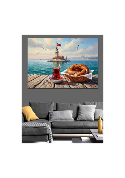 İskelede Çay Ve Simit İstanbul Yağlı Boya Dokulu Kanvas Tablo Canvas Tablosu