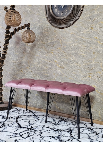 Zafir Metal Siyah Tel Ayaklı 100 Cm Puf Bench - Puf - Bench - Oturak - Mutfak Oturağı - Antre Oturağı Pembe
