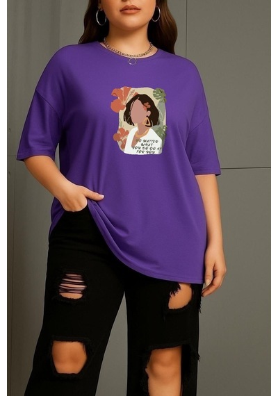 Benroma Büyük Beden Renkli Kadın Baskılı Unisex Tişört Çok Renkli
