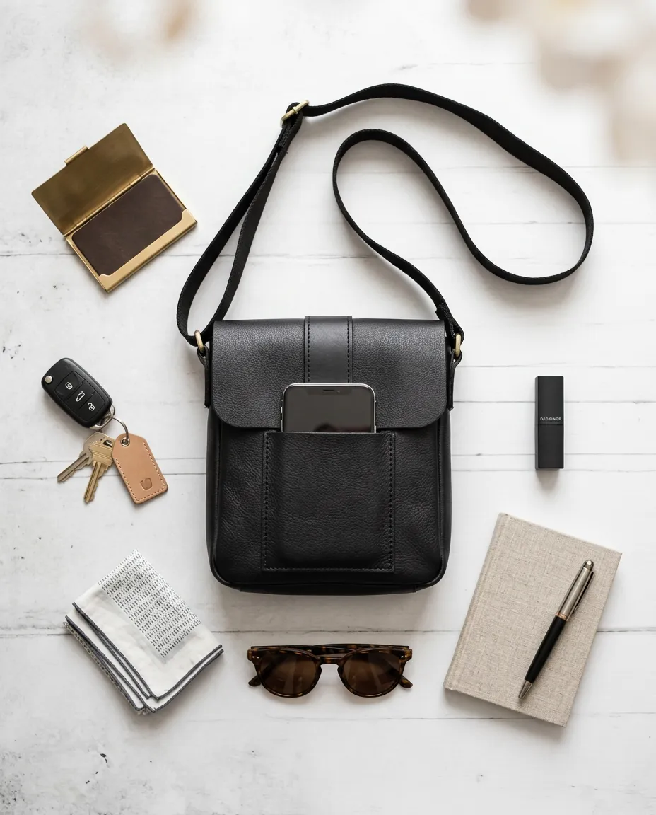 Natderi Unisex Hakiki Deri Siyah & Acı Kahve Seçenekli Postacı Çantası Ayarlanabilir Askılı Çapraz Çanta 24x21 Cm