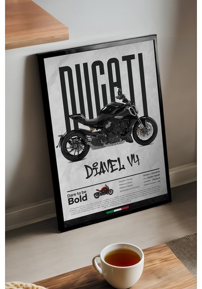 Ducati Diavel V4 Siyah Ahşap Çerçeveli Poster, Dekoratif Motosiklet Duvar Tablosu