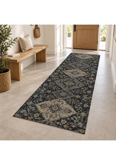 Kartela Halı Gece Mirası Lacivert Krem Koridor Mutfak Yolluk Halısı Kaymaz Taban 60x180 Cm