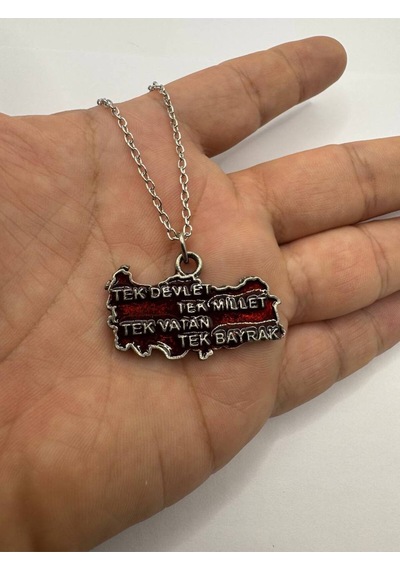 Tek Millet Tek Devlet Tek Vatan Tek Bayrak Yazılı Türkiye Haritası Kolye Unisex Metal Takı Çok renkli
