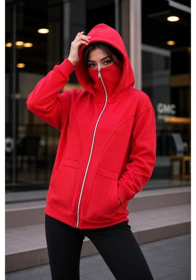Kadın Maskeli Ninja Model Çift Kapüşonlu 3 İplik Şardonlu Fermuarlı Oversize Sweatshirt - Kırmızı