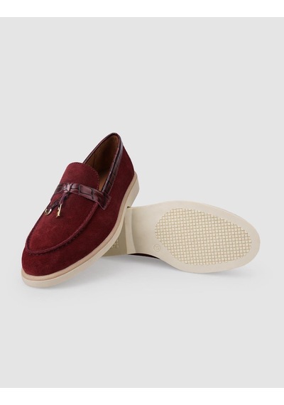 %100 Hakiki Deri Bordo Süet Kadın Loafer Bordo