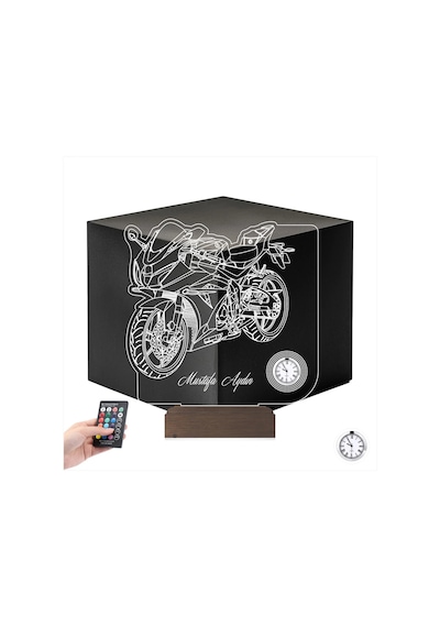 Luvivia Motorsiklet Motorcu Hediye Kişiye Özel Metal Saatli 3d Lamba - Masa Gece Lambası Şeffaf